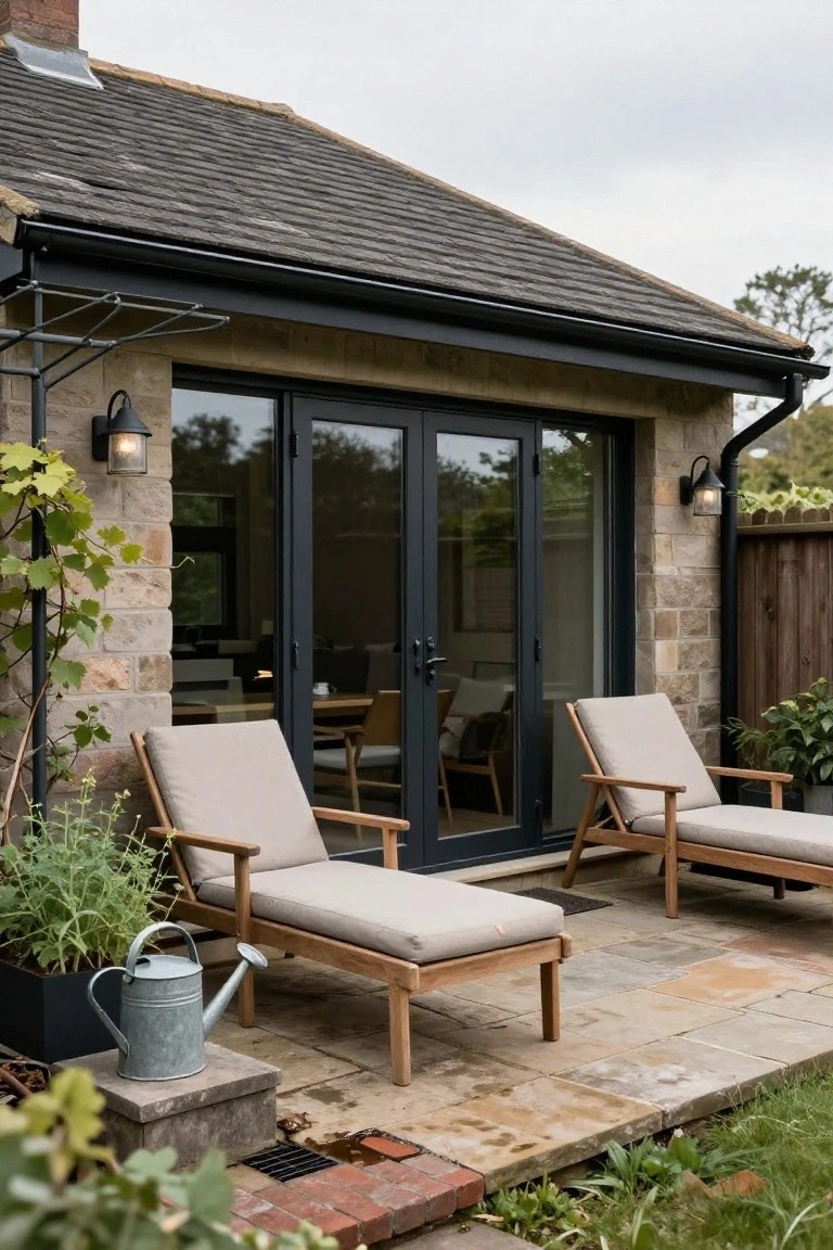 Stone cottage exterior with black French doors opening to a stone patio holding two beige-cushioned wooden lounge chairs, potted plants, a watering can, and garden edging.
