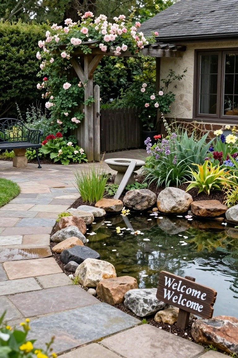 Stone-edged koi pond with a wooden