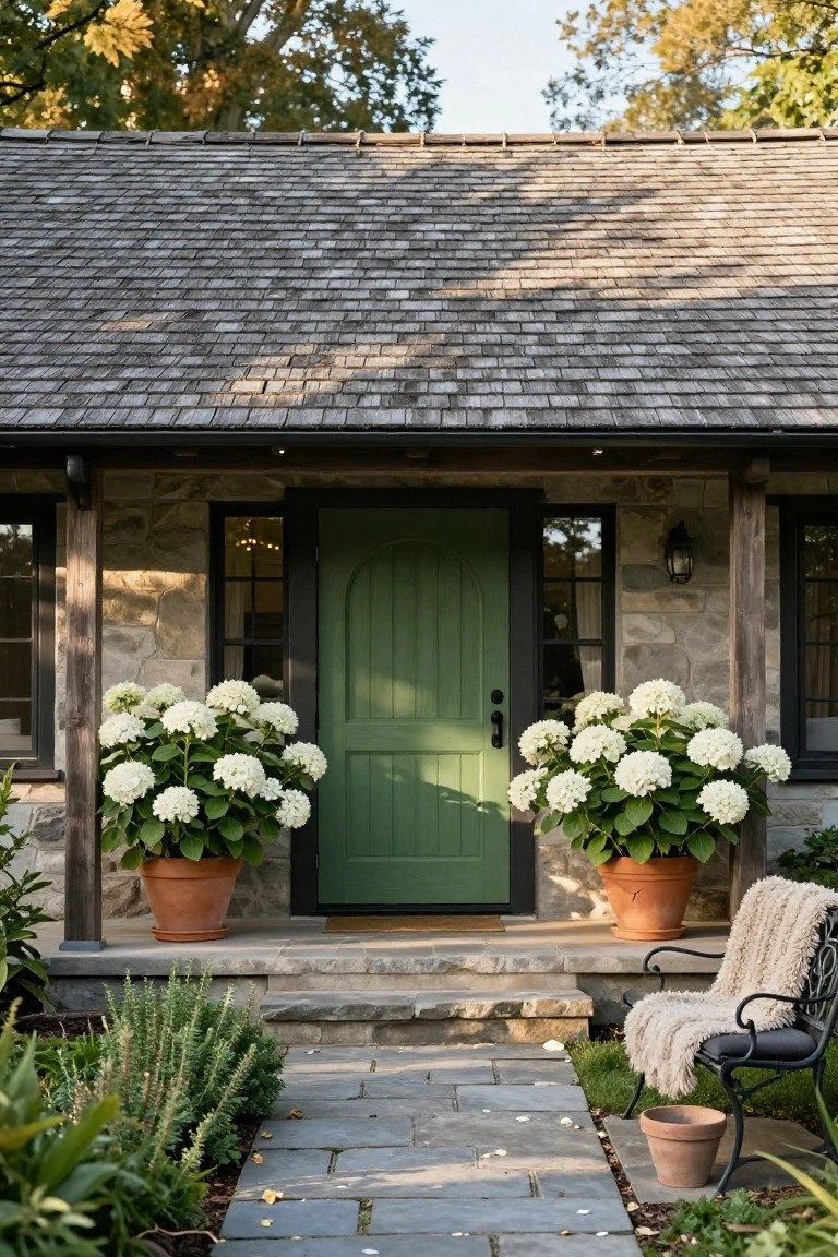 Stone-walled cottage exterior featuring a green arched front door flanked by two large white hydrangea plants in terracotta pots, with a wooden bench on the porch and a stone path leading to the entry.