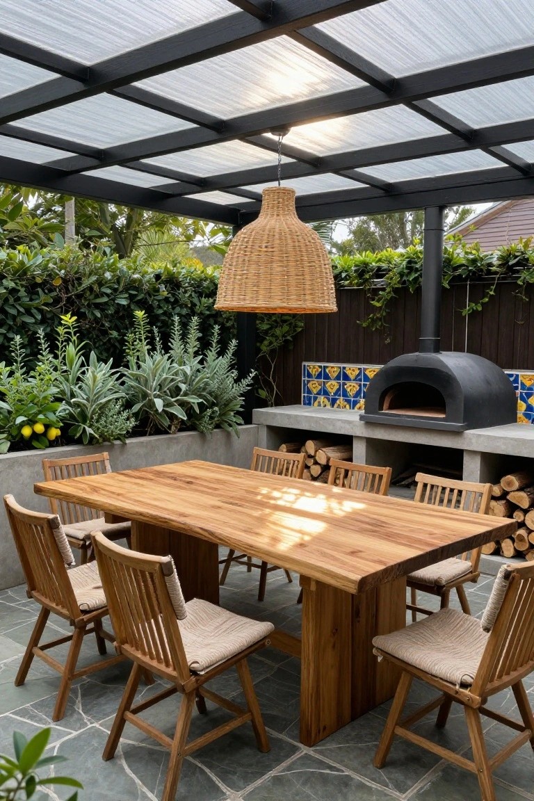 Covered outdoor patio featuring a wooden dining table with chairs, built-in black wood-fired pizza oven on concrete base with blue tiled accents, rattan pendant light, firewood stacks, and surrounding potted plants and greenery.