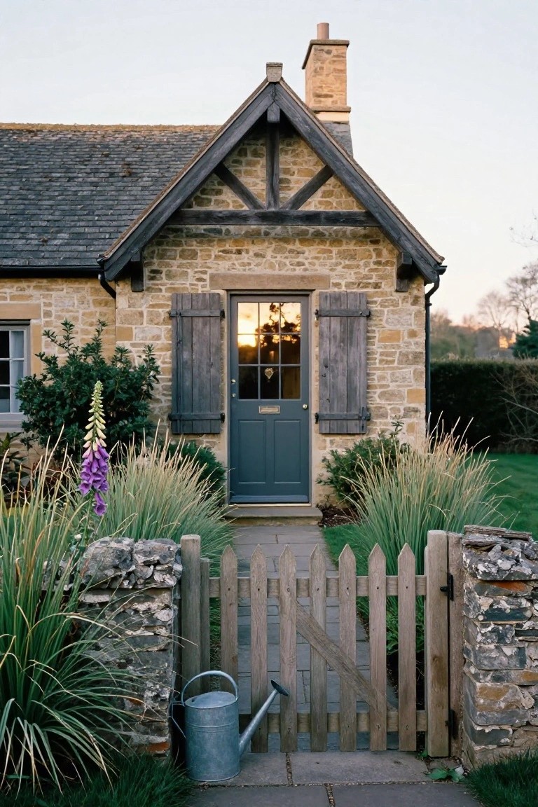 Stone cottage with dark blue front door, wooden shutters on window, open wooden picket gate, ornamental grasses, foxgloves, stone walls, and metal watering can on path.