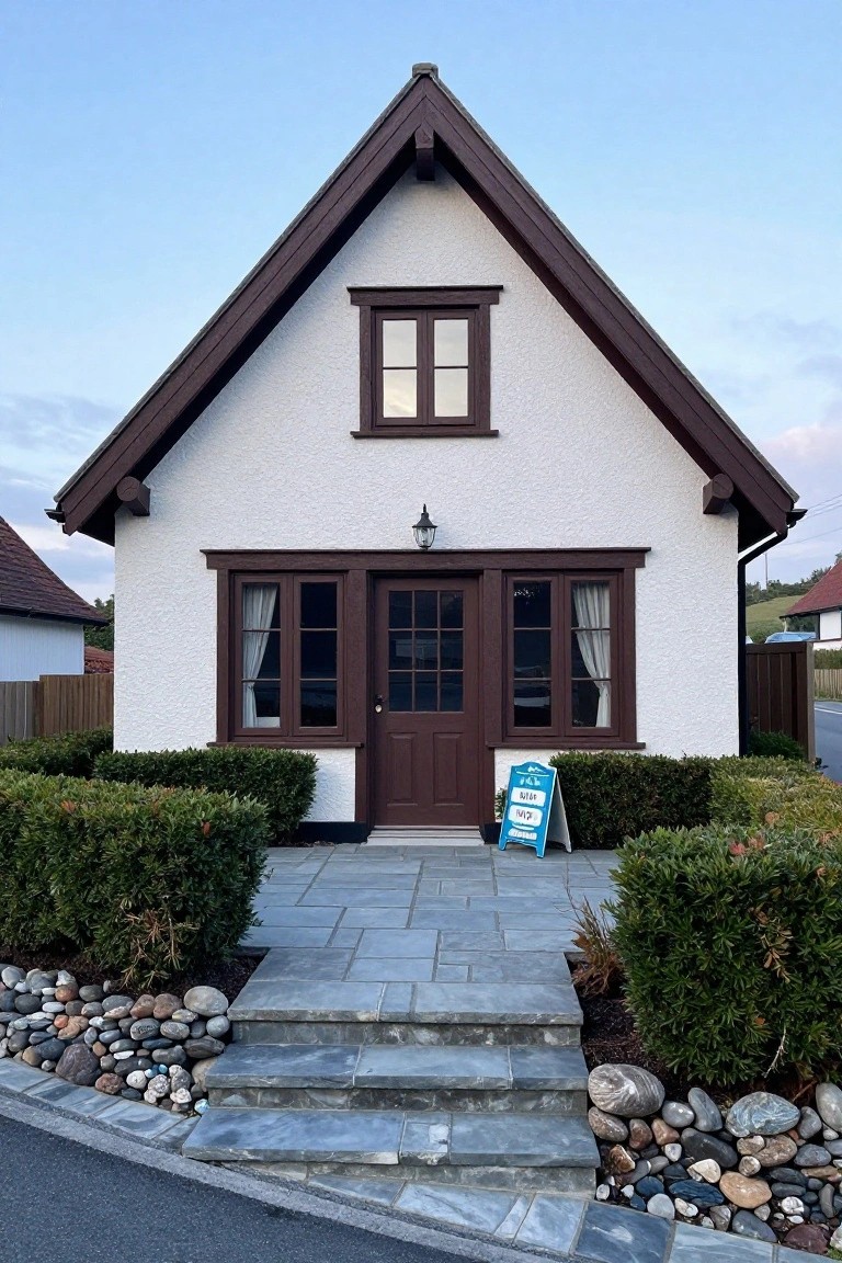 Front view of a small white stucco cottage with dark brown timber-framed gable roof, windows, and central door, flanked by boxwood hedges, stone steps, river rocks, and a blue sign.