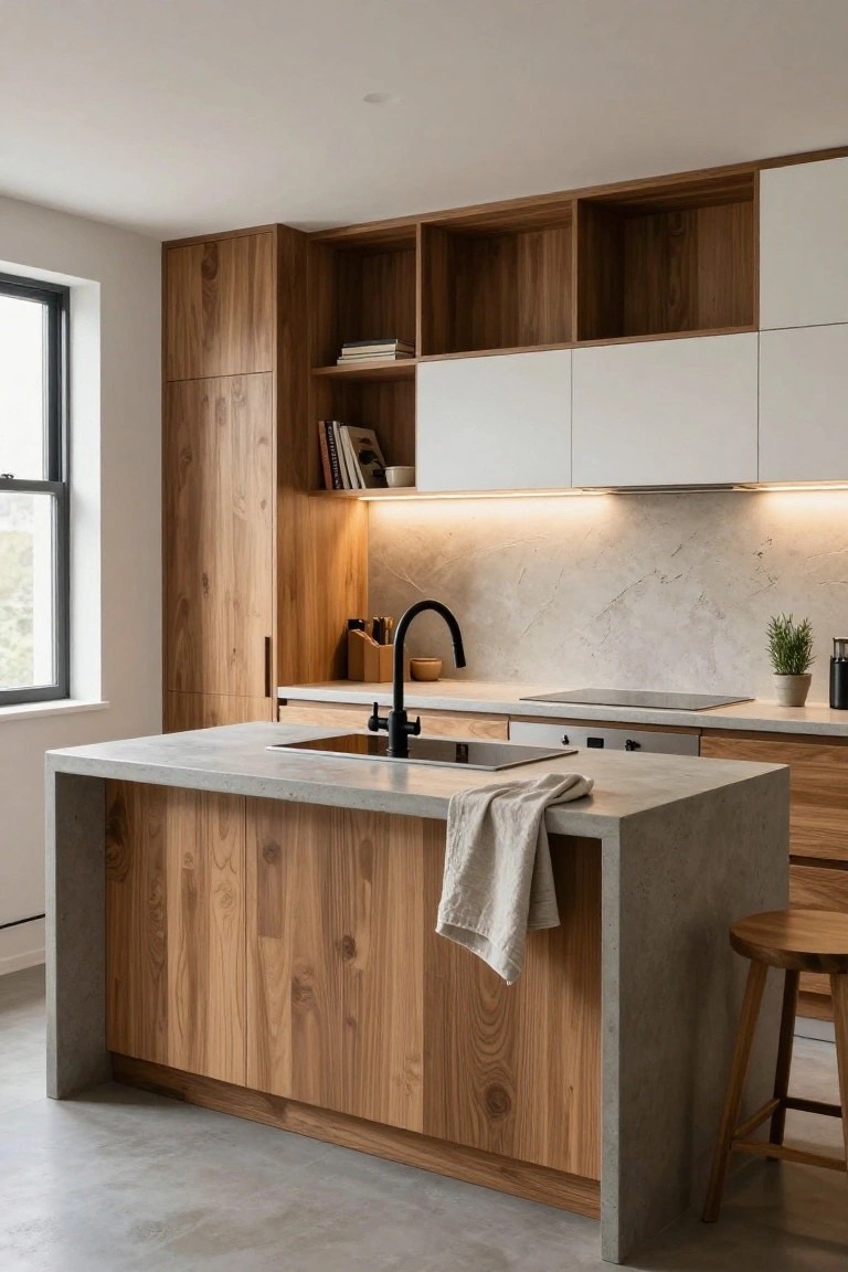 Modern kitchen with light wood lower cabinets and open shelving, white upper cabinets, gray veined tile backsplash, central island featuring concrete countertop on wood base with draped linen towel, black faucet, integrated cooktop, and wooden bar stool on polished concrete floor.