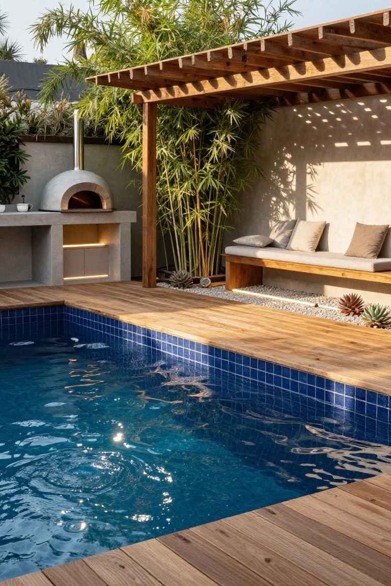 Backyard swimming pool with blue mosaic tiles edged by light wood decking, adjacent concrete outdoor kitchen with dome-shaped pizza oven, wooden pergola shading a bench seat, bamboo plants, and pebble ground cover.