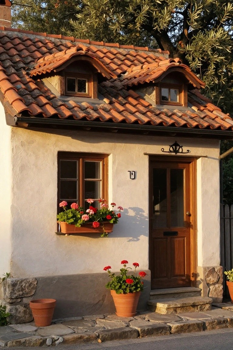 Small white stucco house with red terracotta tile roof featuring two small arched dormer windows, wooden front door, window box of pink geraniums, and potted plants by stone steps.