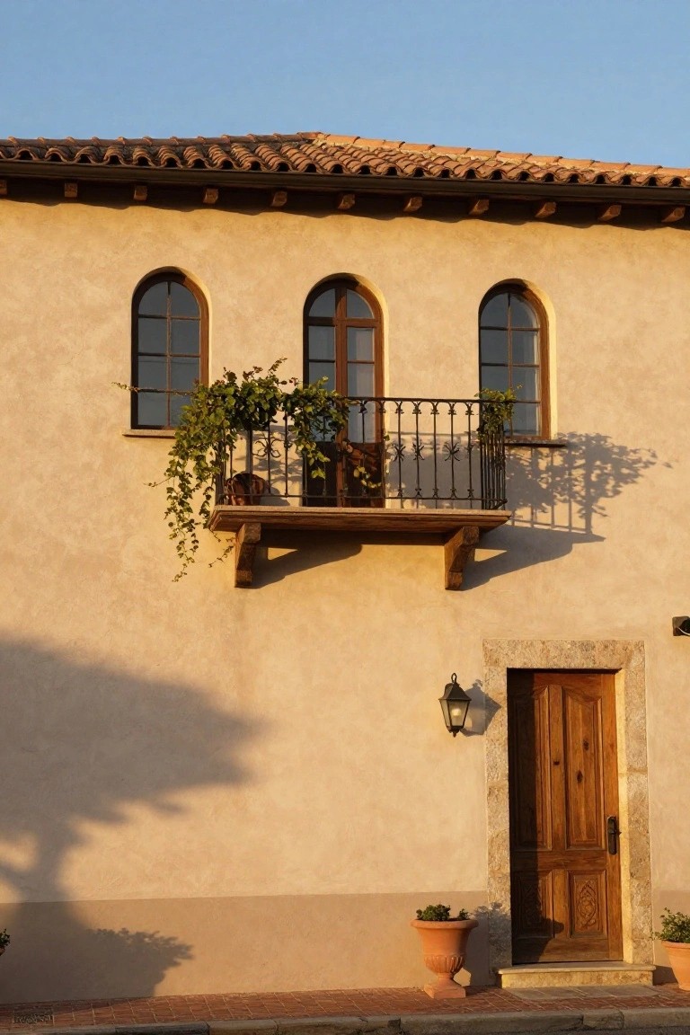 Beige stucco house exterior featuring a terracotta tile roof with deep eaves over a wooden-bracketed balcony with black wrought-iron railing and trailing vines on three arched windows, a wooden entry door with stone surround and lantern, potted plants, and long shadows on a brick path.
