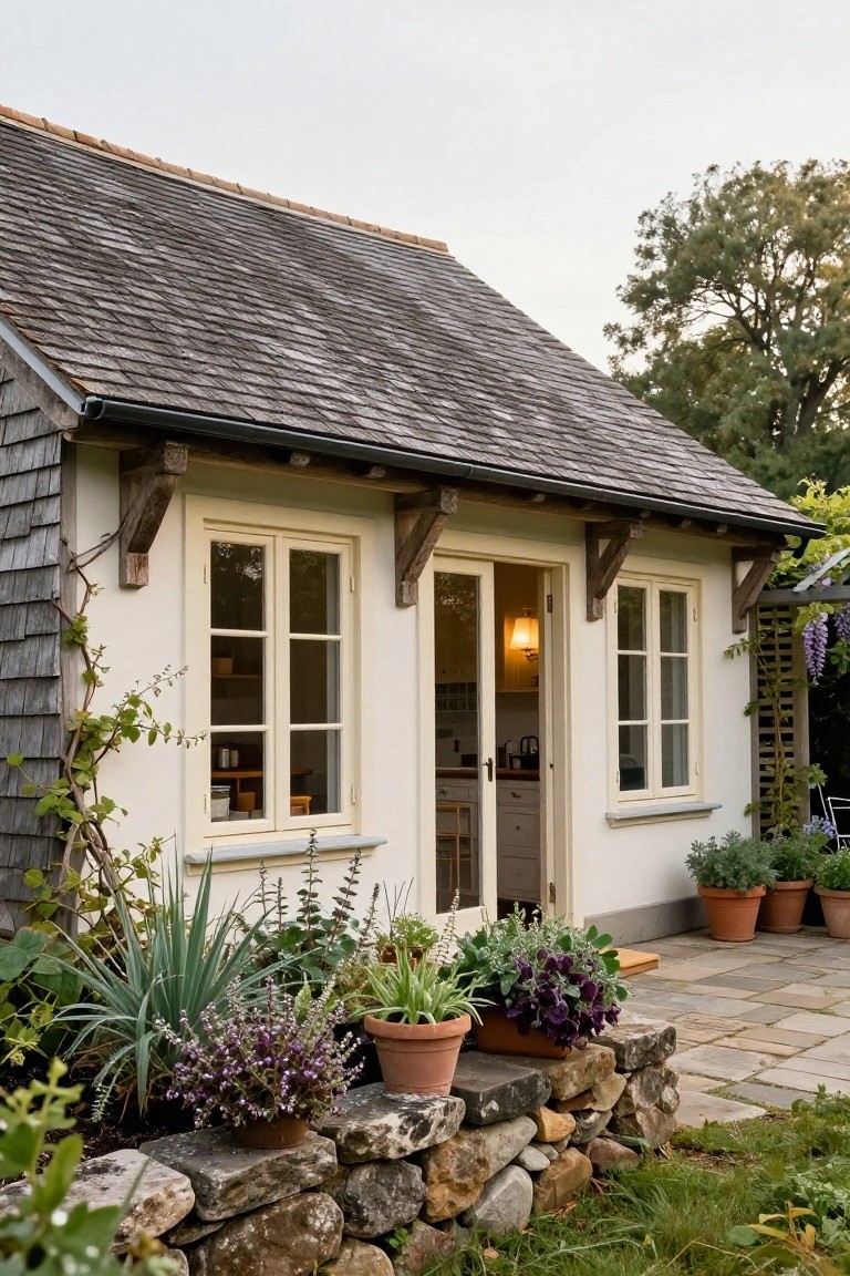 Small white exterior building with dark wooden shingle roof, exposed wooden brackets, large multipane windows, open glass door to kitchen, potted plants, and stone wall on paved terrace.