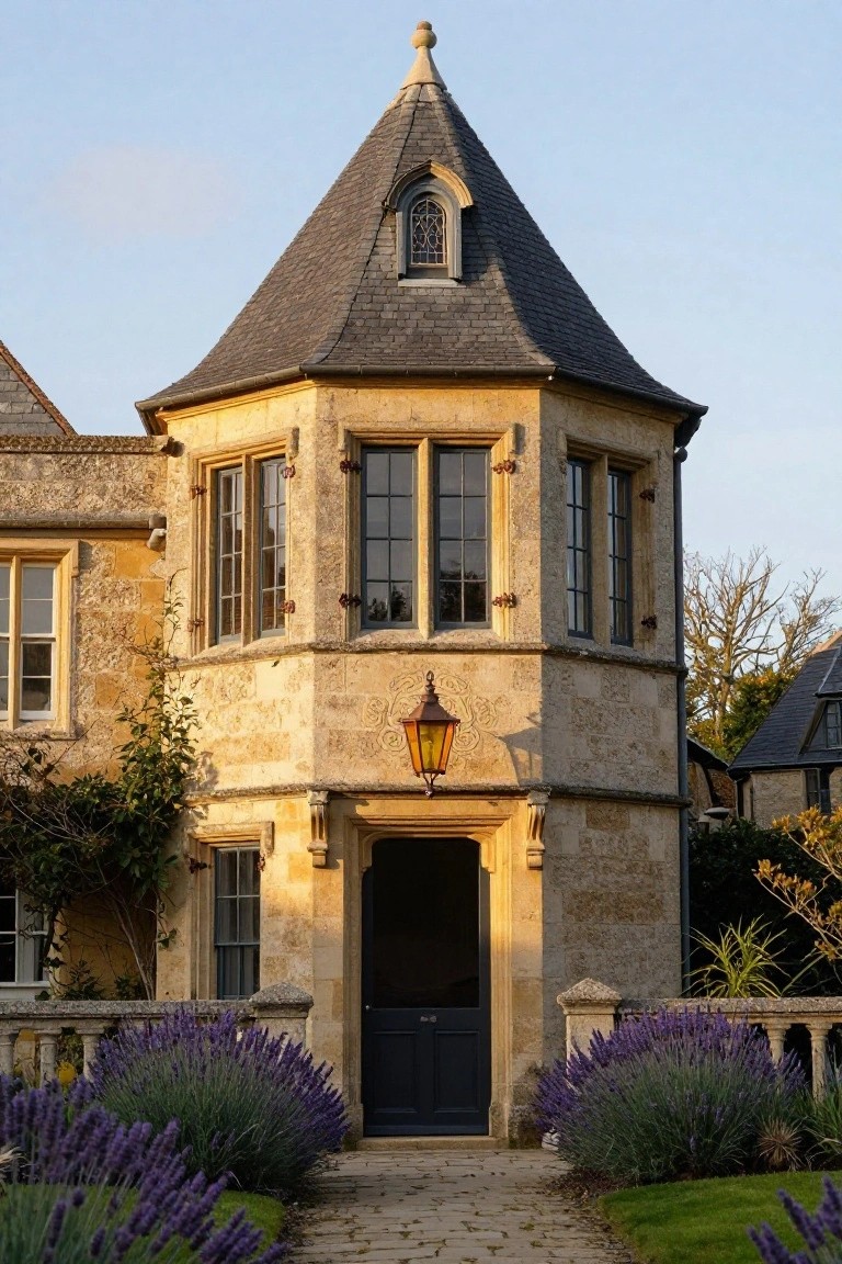 Octagonal stone turret with conical slate roof, arched dormer window, and lantern beside the dark wood entry door, surrounded by lavender plants and a stone path leading to a larger house.