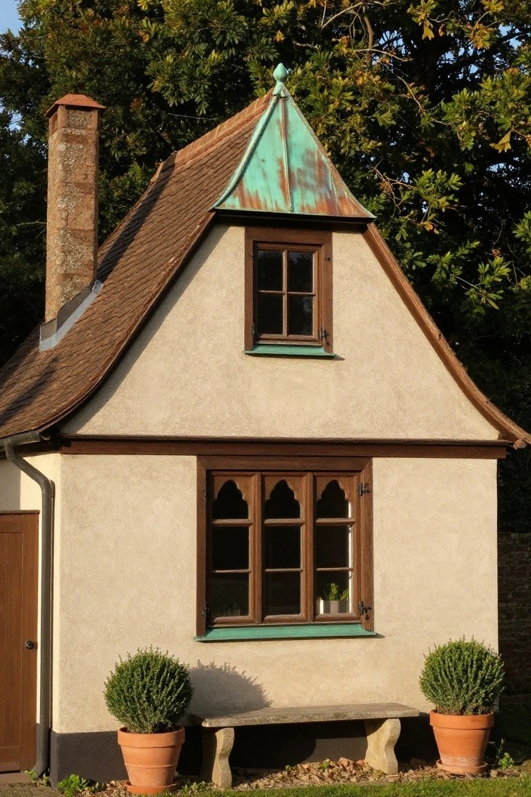 Small beige stucco building with steeply pitched copper-clad gable roof showing green patina, brick chimney, wooden-framed windows, potted boxwood shrubs, and stone bench on gravel base.