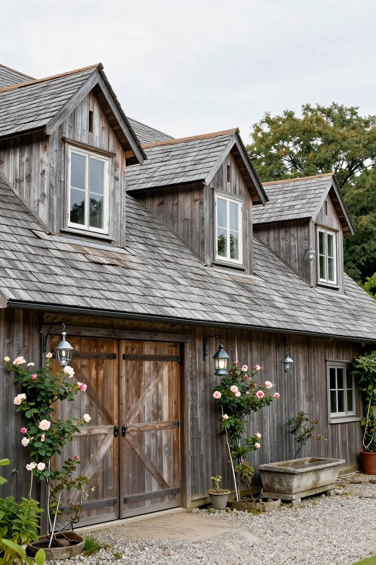 Weathered wooden house exterior featuring three gabled dormers under gray slate roofs, large double barn doors, climbing pink roses, hanging lanterns, and gravel path.