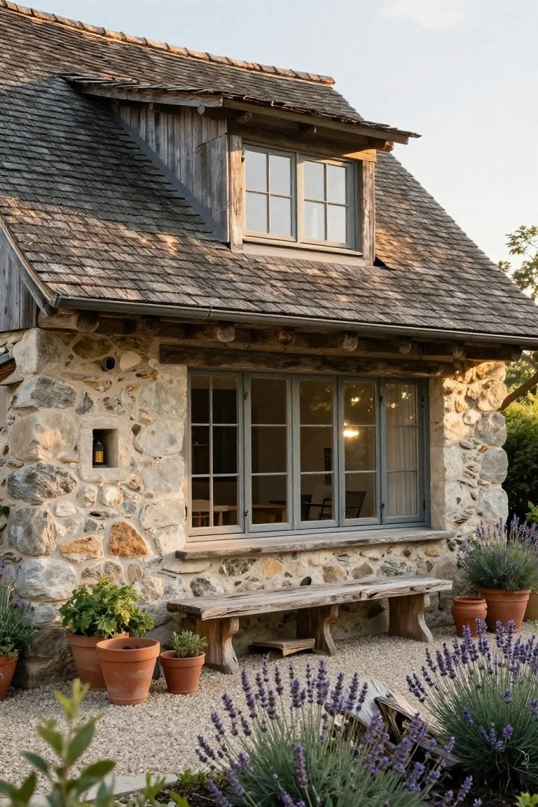 Stone house exterior with steep shingled roof, wooden dormer window above large glass windows, wooden bench on gravel patio surrounded by potted plants and lavender.