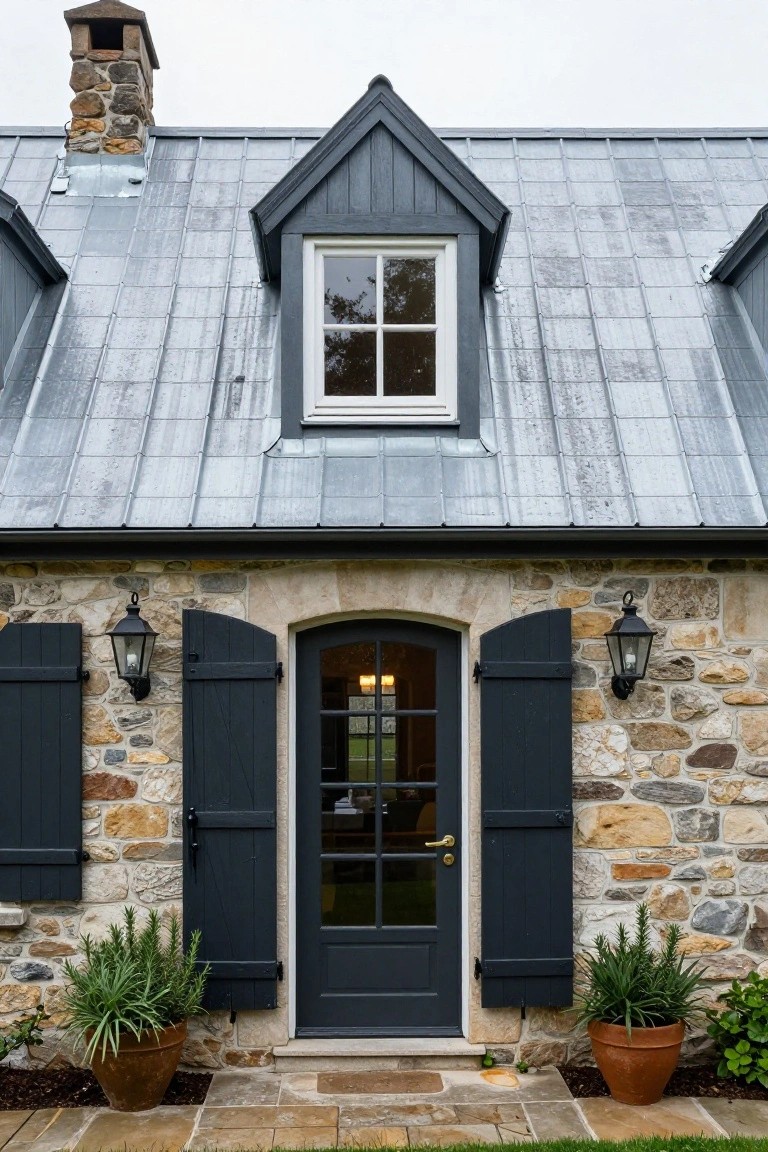 Front view of a stone house with dark standing seam metal roof, gabled dormer window, arched dark wood entry door with shutters and lanterns, flanked by potted plants on a stone path.