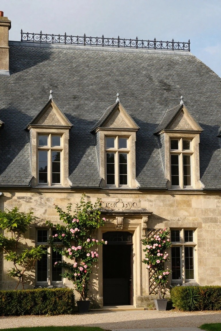Beige stone French country house facade with steep gray slate roof, three central dormer windows with cross-pane glass, ornate finials, pink climbing roses framing the dark wood entry door, and boxwood hedges in front.