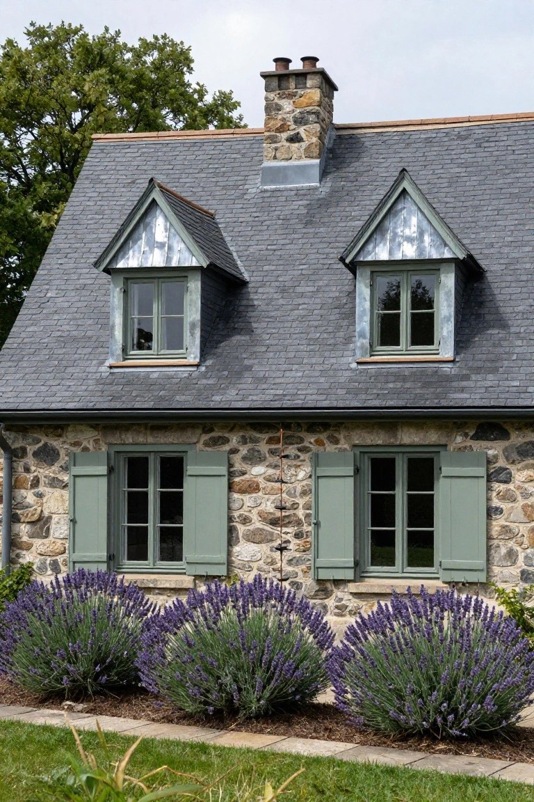 Stone house with steep gray slate roof, zinc-clad dormers, green shutters on windows, stone chimney, and purple lavender bushes along the front foundation.