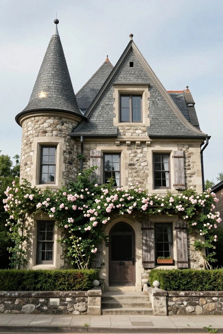 Stone house with steep gray slate roof, conical turret topped by a finial, dormer windows, wooden shutters, pink climbing roses on the facade, and low boxwood hedges in front.