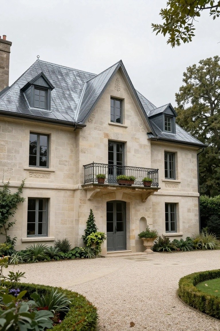 Two-story beige limestone house with steep dark slate roofs, multiple dormer windows, central wrought-iron balcony over arched entry door, flanked by potted plants and gravel driveway with boxwood hedges.