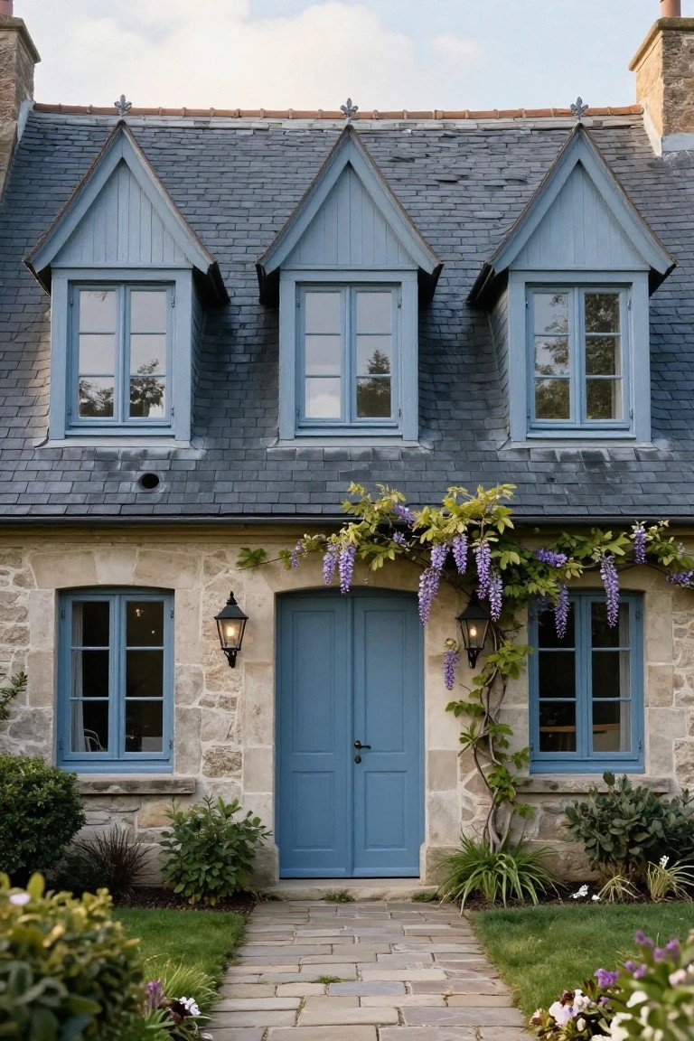 French country house exterior featuring a steep slate roof with three blue-painted wooden dormers, stone walls, blue front door flanked by lanterns, wisteria vine climbing the side, and a stone path through front plantings.