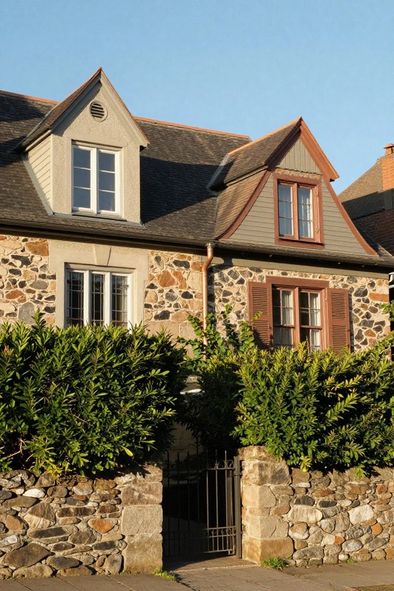 Stone house with slate roof and two asymmetrical gabled dormers, one with light siding and double windows, the other with wood siding and shutters, wooden shutters on lower windows, hedges, and iron gate in front.