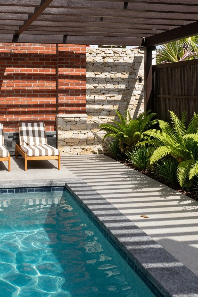 Outdoor pool corner with two striped cushioned wooden loungers on light concrete paving next to the water, red brick wall and adjacent light stone wall in background under wooden slatted pergola, green ferns and plants along edge.
