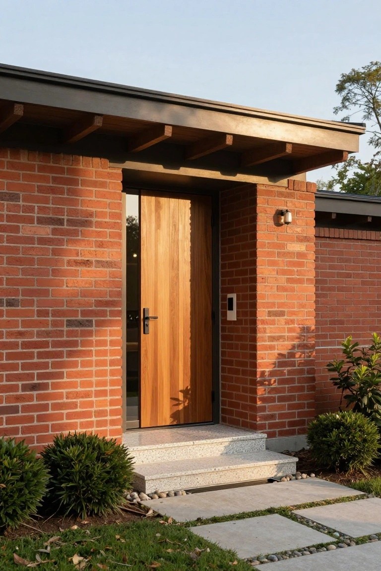 Red brick house entrance with wooden door, glass sidelight, cantilevered timber roof overhang with exposed beams, wall light, granite steps, pebble accents, and low green shrubs flanking the entry.