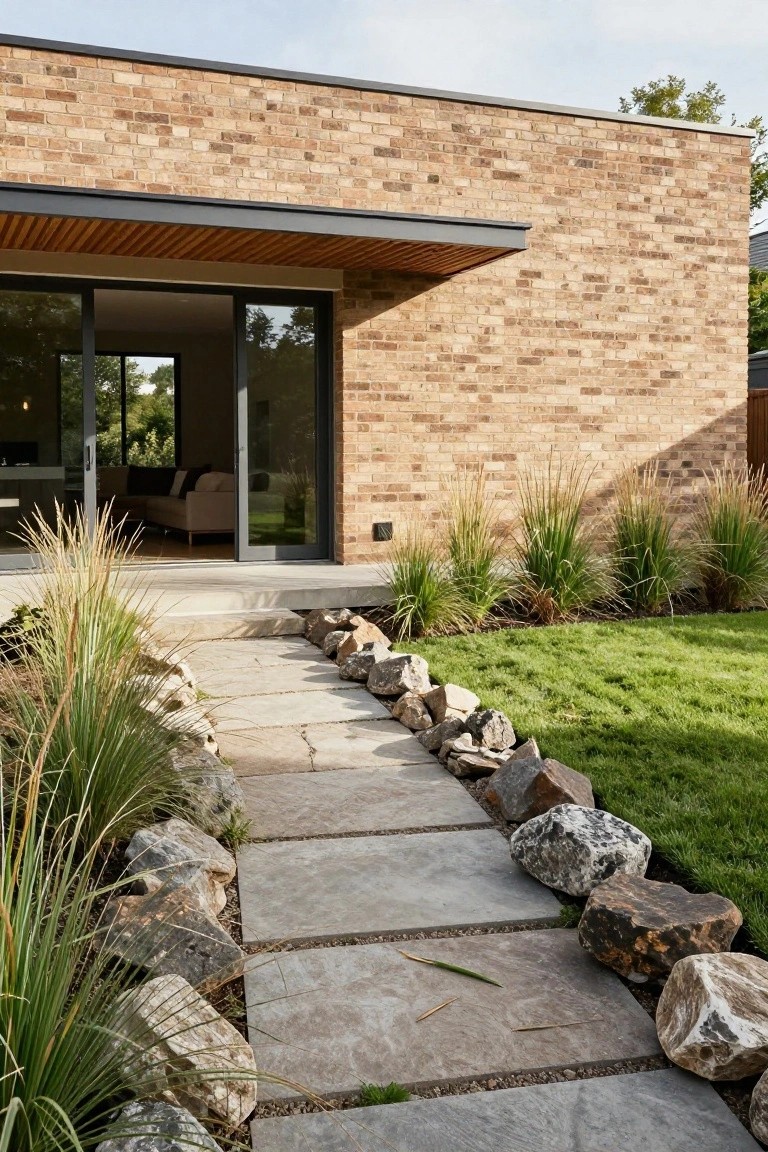 Modern brick house exterior featuring a sliding glass door entry, with a gray stone paver path edged by large irregular boulders and tall ornamental grasses, adjacent to a green lawn.