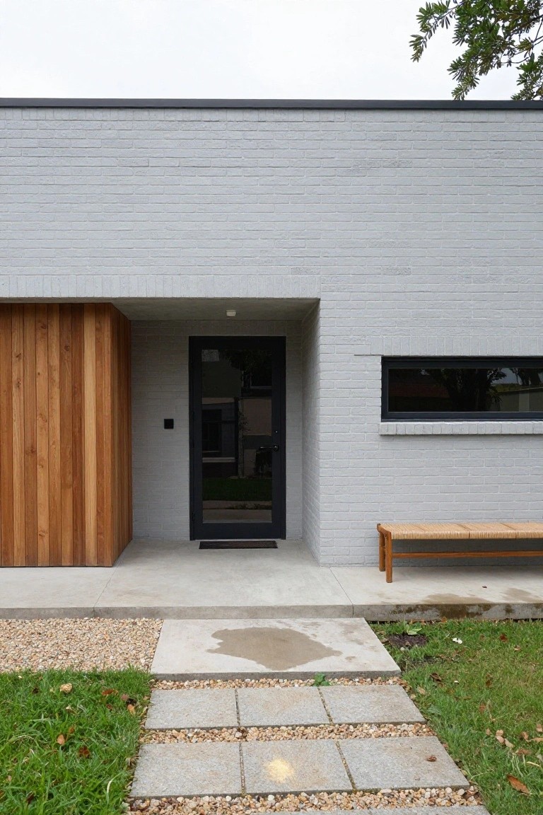 House exterior with light gray brick walls, tall vertical wood cladding panel beside a black front door and sidelight, outdoor bench, concrete porch, stone pathway, gravel border, and grass lawn.