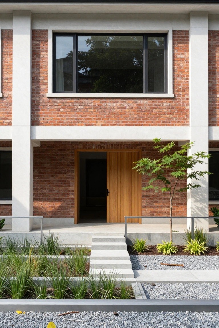 Front exterior of a two-story house with red brick walls, white concrete pillars, black-framed windows, wooden entry door, concrete steps, and gravel garden beds with plants.