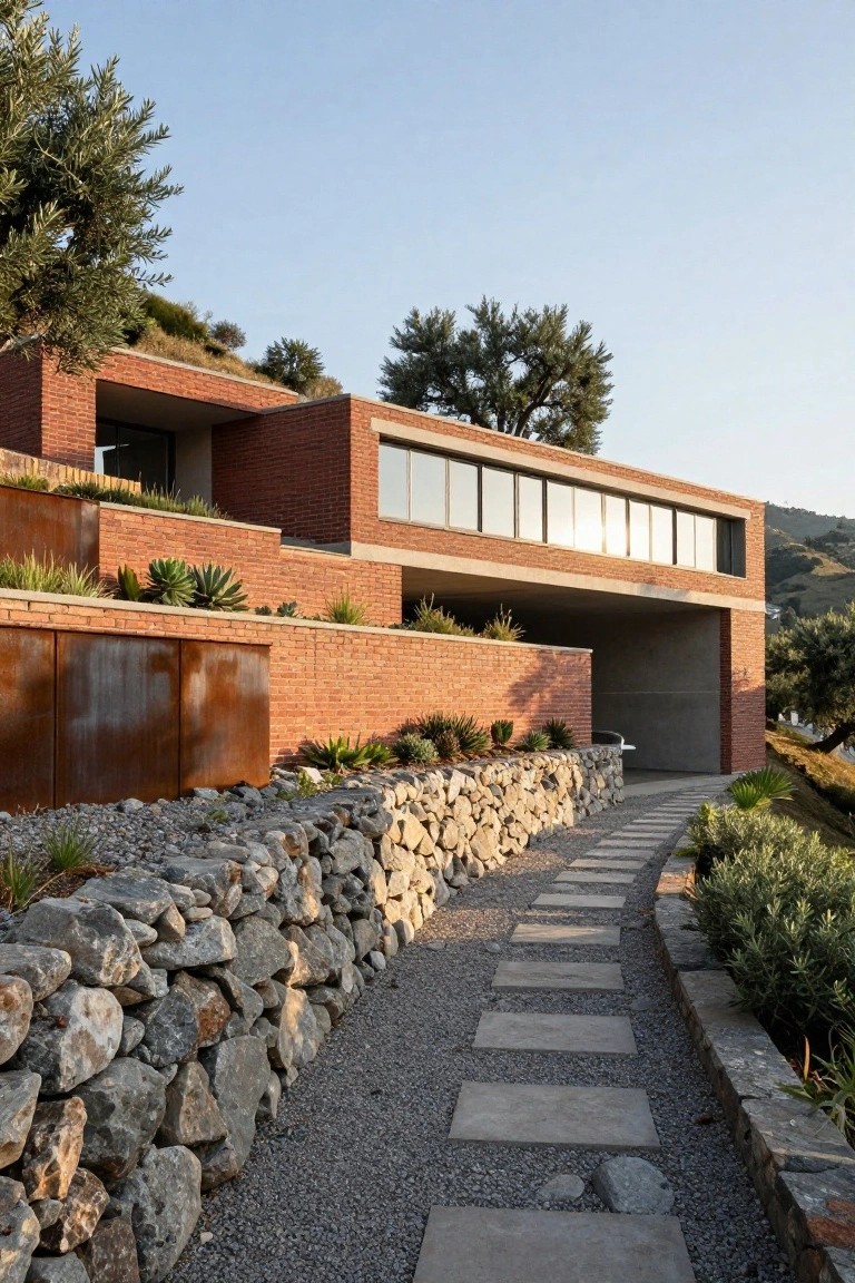 Terraced brick and concrete house on a hillside with large glass windows, rusted metal panels, stone retaining walls, gravel path with stepping stones, succulents, and olive trees.