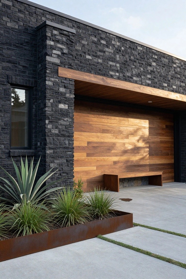 Modern house exterior with textured black brick walls, large garage door clad in horizontal warm wood planks, wooden bench beside it, corten steel planter box filled with agave and grasses, and concrete pavement with grass strips.