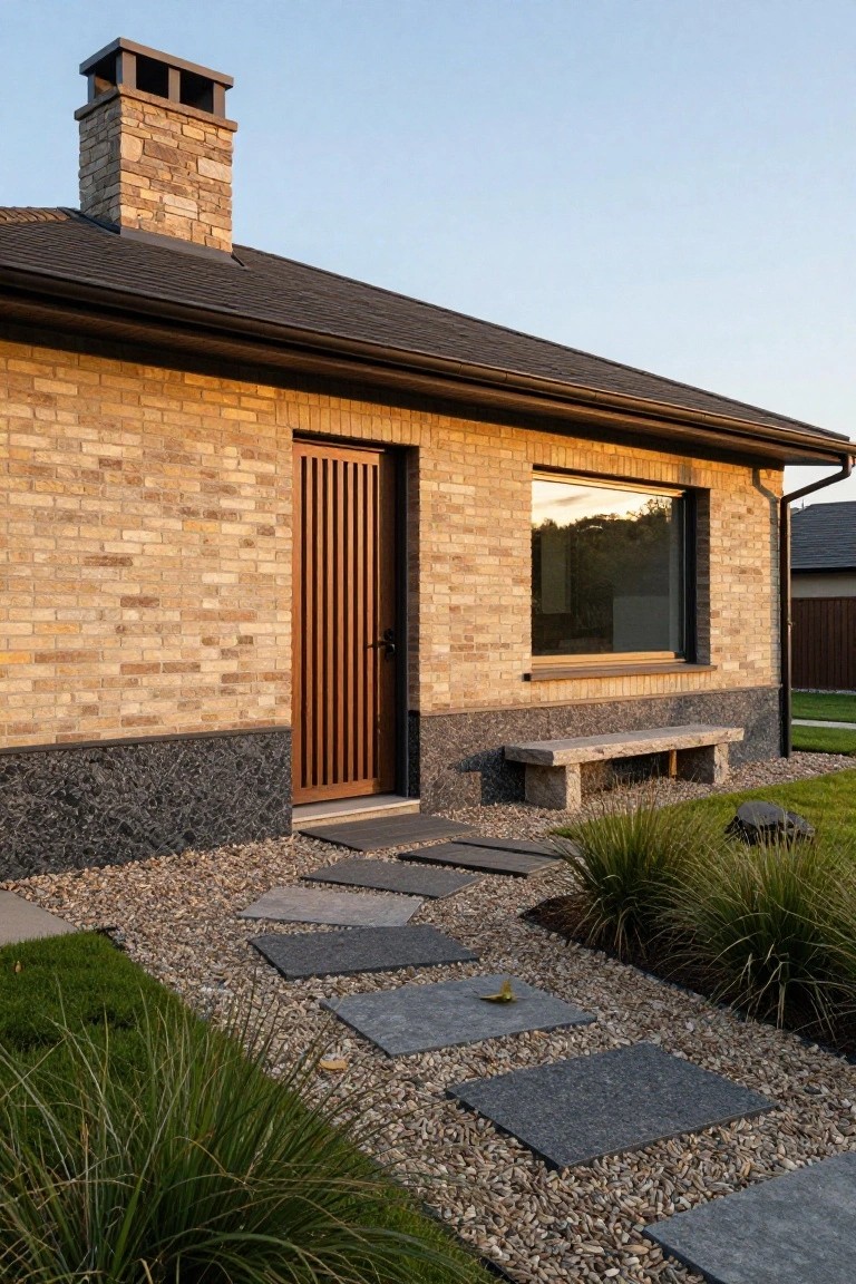 Side view of a house with beige brick upper walls, dark pebble aggregate stone base, vertical slat wooden door, large dark-framed window, stone bench nearby, and irregular flagstone path through gravel and grass planting.