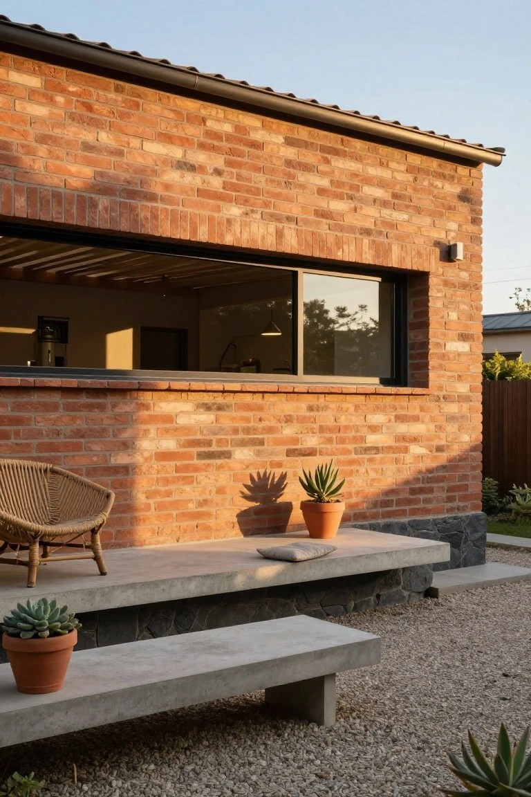 Red brick house wall with large horizontal window overlooking a concrete platform that holds a woven chair, bench, cushion, and potted succulents, surrounded by gravel ground and plants.