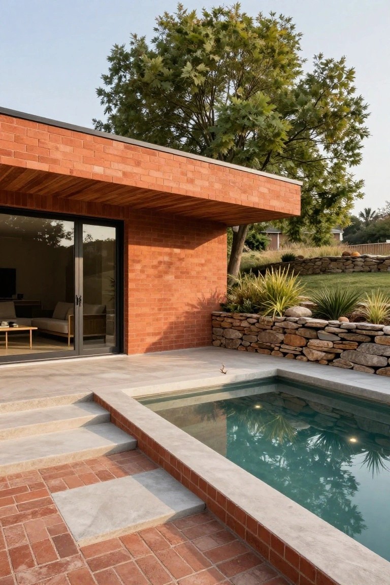 Red brick mid-century modern house exterior with wooden roof overhang, sliding glass doors opening to a living area, concrete steps leading to a small pool, and a stone retaining wall planted with agaves and grasses beside a large tree.
