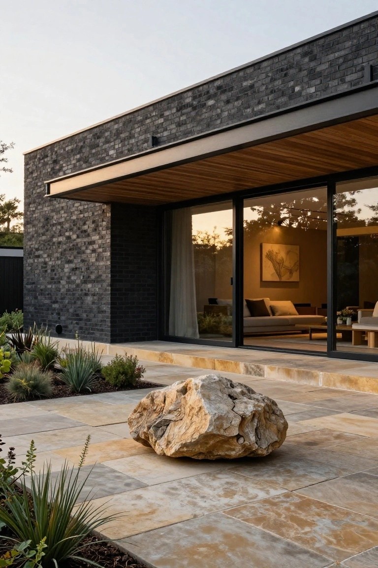 Exterior of mid-century modern house with black brick wall under wooden overhang, open glass sliding doors to living room, sandstone-paved terrace with large boulder and agave plants.
