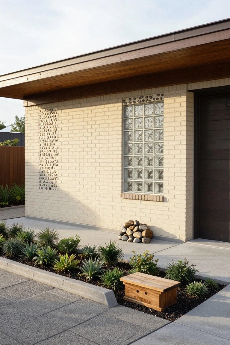 Light brick house wall with vertical pebble inlays and a glass block window next to a dark garage door, wood overhang above, firewood stack, wooden box, and succulent plants along a concrete driveway edge.