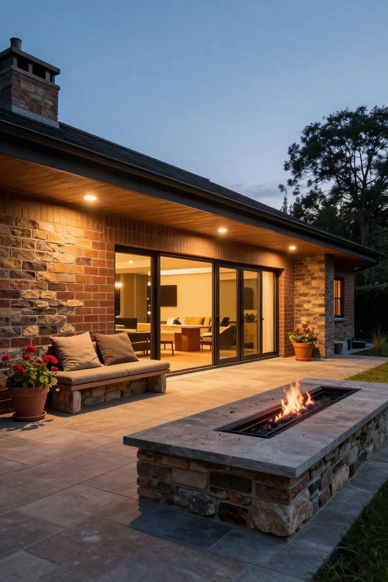 Back view of a brick and stone house at dusk with large sliding glass doors open to a stone patio that includes a linear built-in fire pit with flames, a cushioned bench, potted red geraniums, and surrounding landscaping.
