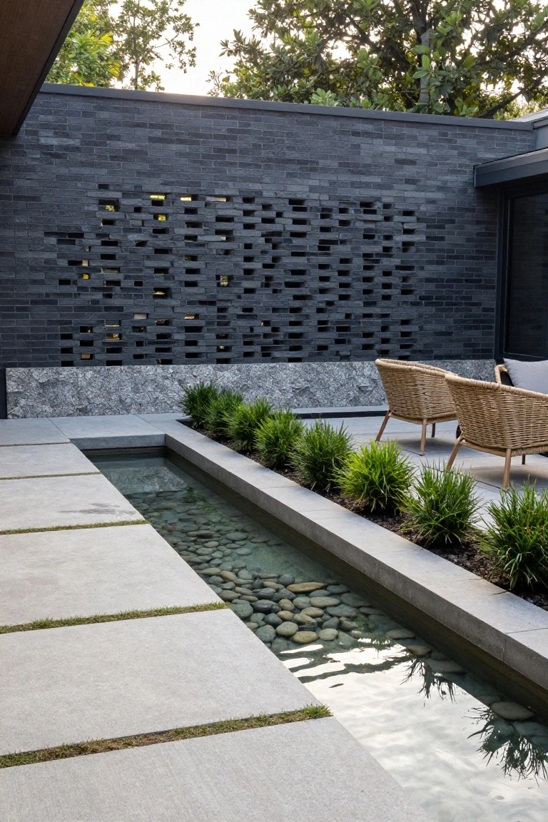 Modern outdoor patio with linear water channel containing pebbles, concrete paving slabs, low green plants along the edge, two wicker chairs, gray stone bench base, and dark brick wall with geometric cutouts.