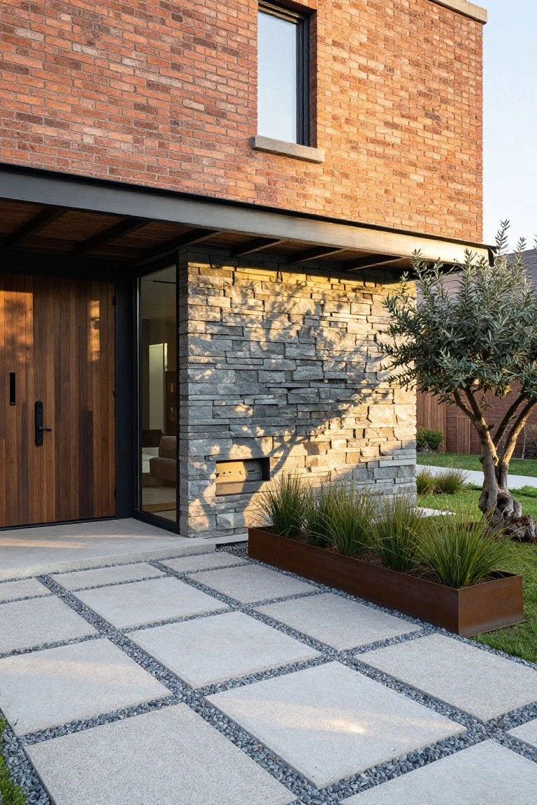 Exterior of a brick house with a stone-clad entry pillar, wooden double doors, glass sidelight, cantilevered roof overhang, paved entry path with gravel joints, metal-edged grass planter, and olive tree nearby.