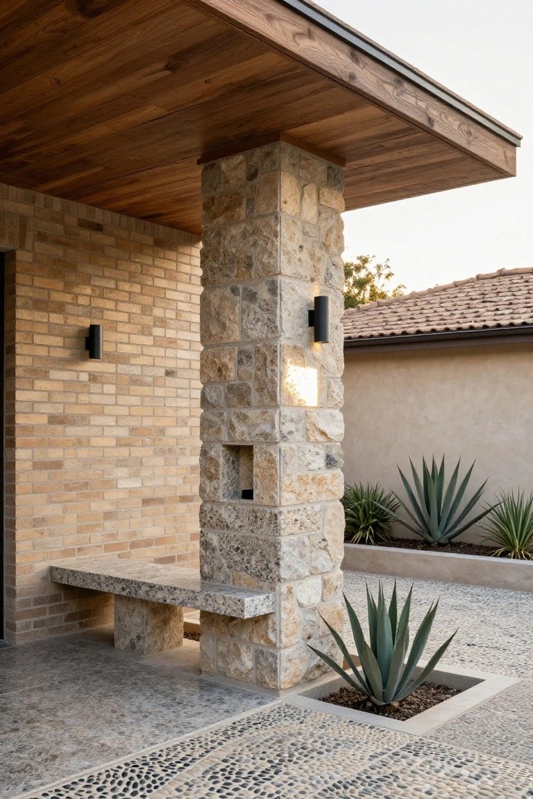 Exterior view of a house porch entry featuring a tall beige stone pillar with integrated bench beside a beige brick wall, under a slatted dark wood ceiling supported by black metal lights, flanked by agave plants in concrete planters on pebble paving.