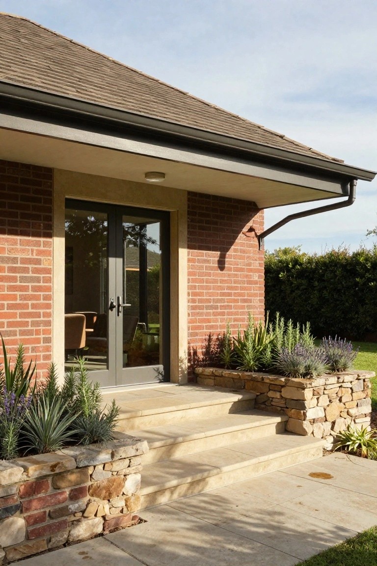 Front view of a brick house entry with gray double doors, flanked by stone planters containing agave, rosemary, lavender, and other succulents, with stone steps leading up from a paved pathway under an overhanging roof.