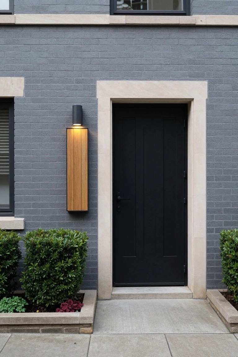 Gray brick house facade with light stone surround around a black paneled front door, vertical wood wall light, boxwood shrubs on both sides, and a concrete entry stoop.
