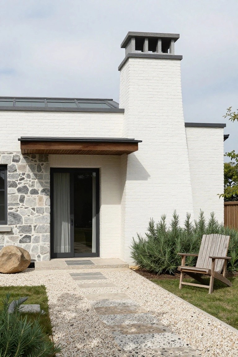 Exterior corner of a modern house with white brick walls and chimney, gray stone base around a black-framed glass entry door under a wooden awning, leading to a pebbled pathway with grass, plants, a wooden chair, and a large rock nearby.
