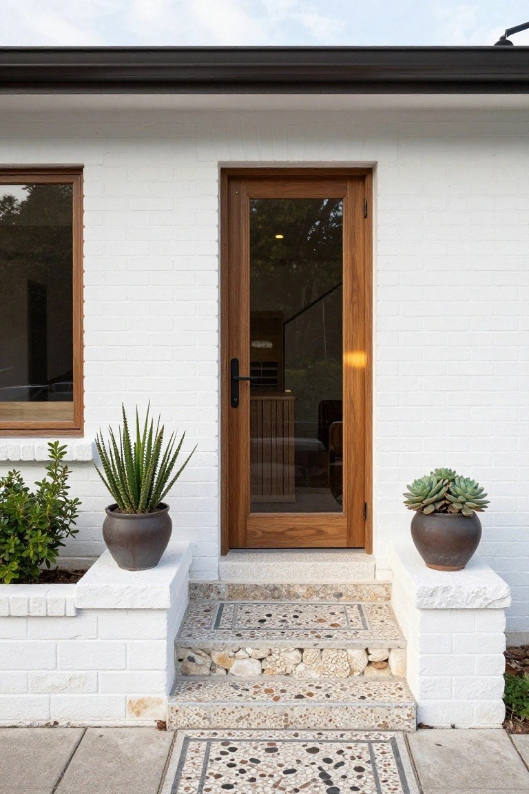 White brick house exterior with wooden-framed glass front door, potted agave plant on left pedestal and succulent on right, pebble aggregate steps bordered by white brick risers and leading to concrete path.