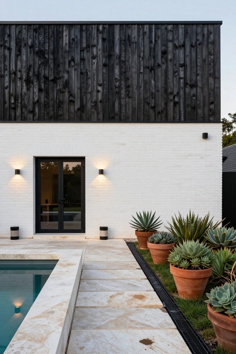 Modern house exterior with black wood cladding across the top, white brick wall below featuring black-framed double glass doors and wall lights, light beige stone paving and pool edge, and terracotta pots of agave plants along the border.