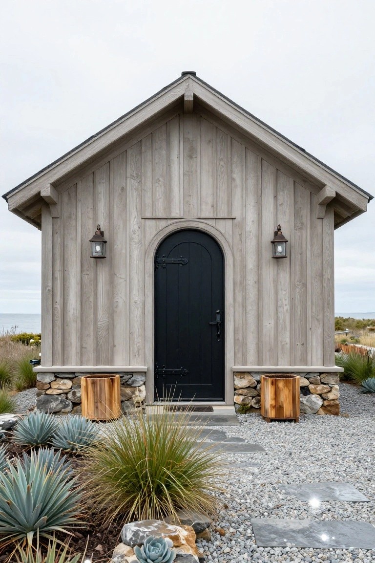 Front exterior of a small gabled cottage with pale vertical wood siding, centered black arched door with strap hinges, flanked by lanterns, stone foundation with wooden planters, gravel yard planted with agave and grasses, and flagstone steps.