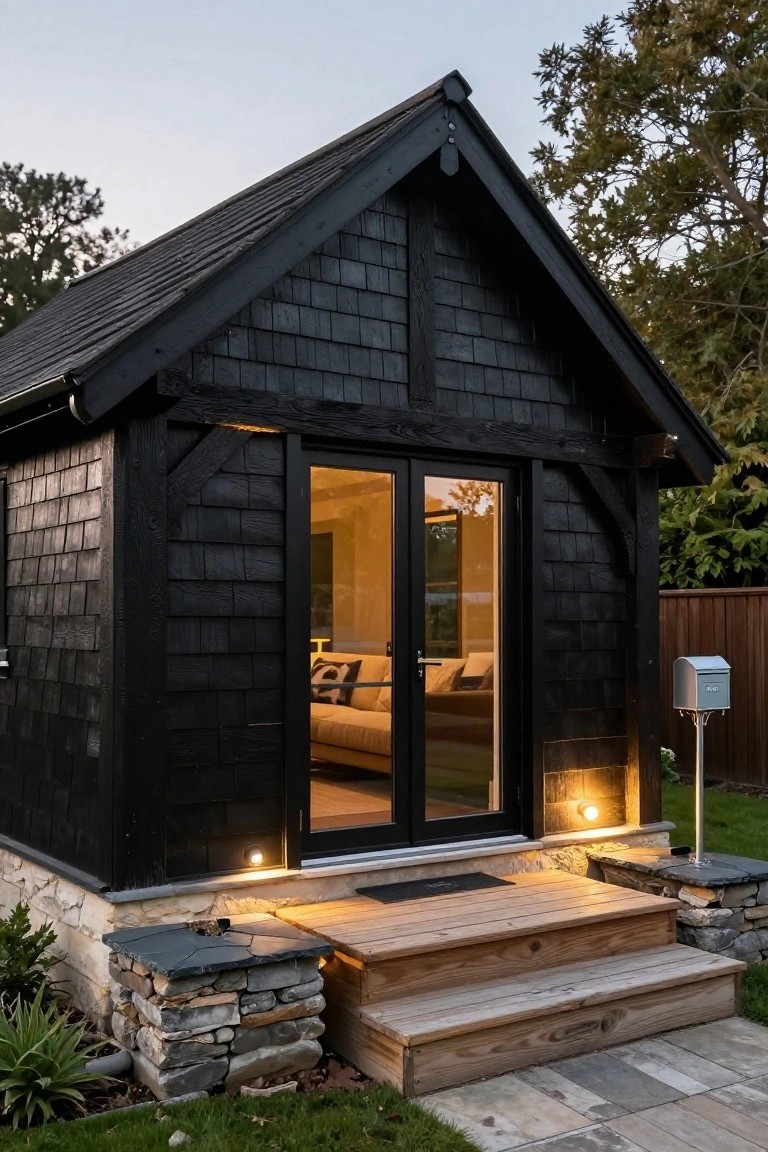 Small black shingled cottage with large glass doors, wooden steps, stone foundation, and garden plantings at dusk.