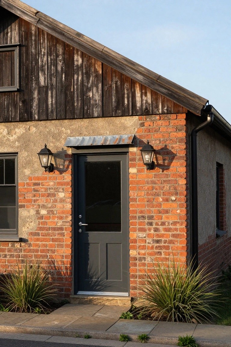 Corner view of a cottage exterior with a dark gray paneled door on a brick wall accented by plaster and weathered wood roof overhang, flanked by two black lanterns, grasses planted nearby, and a paved path.