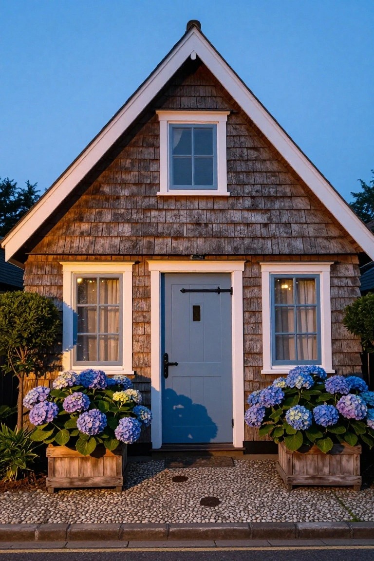 Small gabled cottage with brown shingle siding, white trim around blue front door and windows, large wooden planters filled with blue hydrangeas flanking the entry steps, pebble stone path, shrubs nearby, blue evening sky.