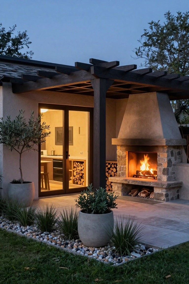 Dusk view of a covered outdoor patio under a dark wood pergola, featuring a lit tall stone fireplace next to glass doors opening to a kitchen, with potted olive trees and gravel landscaping.