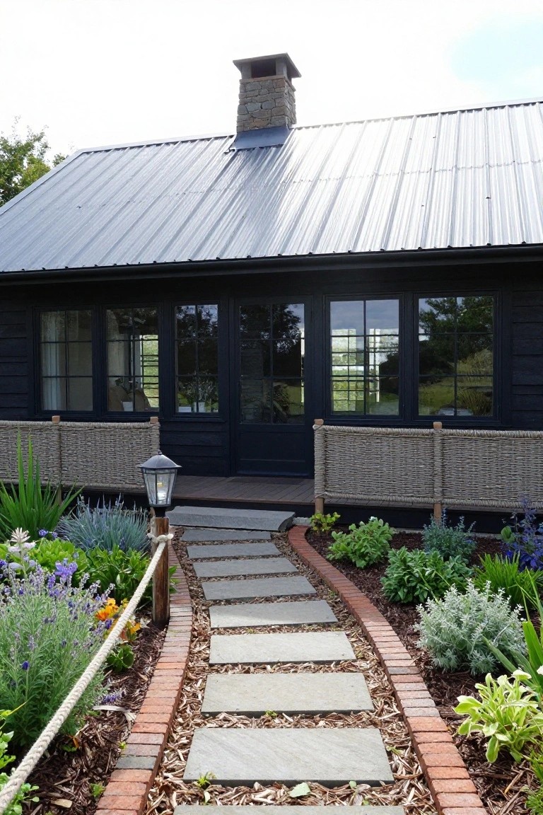 Black wood-sided cottage with corrugated metal roof, stone chimney, large black-framed multipane windows, entry porch with reed screen panels, and curved stone pathway through planted beds.