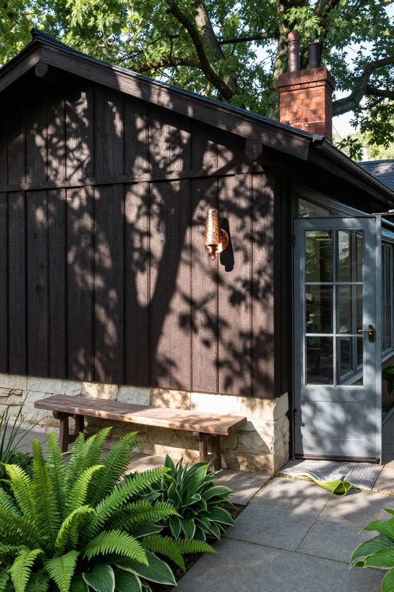 Side exterior of a small dark wood-clad outbuilding with vertical siding, brick chimney, copper wall lantern beside an open blue glass door, wooden bench on stone base, ferns and hostas nearby, and paved path.
